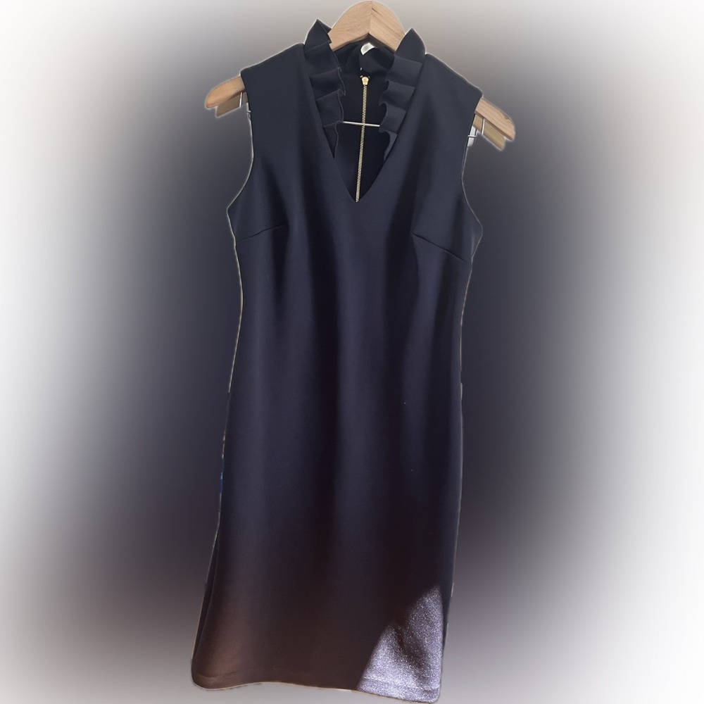 Calvin Klein Midi Ruffled V-Neck Black Dress Zippered Back